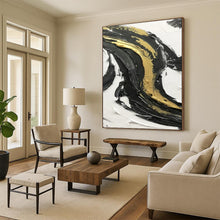 Load image into Gallery viewer, “Gold - Kissed Swirls” – Black, white, and gold impasto, flowing curves DTP379
