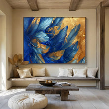 Load image into Gallery viewer, Hand - painted Blue Feathers with Gold Highlights Acrylic Art for Chic Living Room Walls LargeART1708
