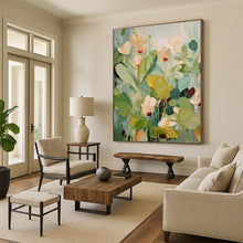 Load image into Gallery viewer, “Pastel Floral Impasto” ，Soft greens, yellows, and pinks with thick, sculptural flower and leaf shapes. DTP319
