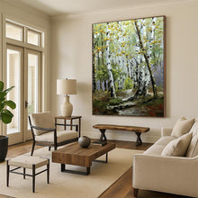 Load image into Gallery viewer, Green &amp; Yellow Birch Forest Abstract Painting, Ideal for Nature - Lover’s Living Room &amp; Cozy Reading Nook LargeART2093
