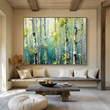 Load image into Gallery viewer, Sunlit Birch Forest Abstract Painting on Canvas - “Green Sanctuary” DKH670
