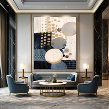 Load image into Gallery viewer, Gold &amp; Blue Geometric Dot Abstract Canvas Painting, Perfect for Modern Nursery &amp; Chic Café LargeART1263

