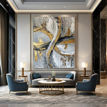 Load image into Gallery viewer, Gray, Gold &amp; Black Abstract Loops Canvas Painting, Great for Industrial - Glam Bedroom &amp; High - End Bar Lounge LargeART1251
