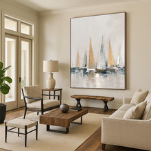 Load image into Gallery viewer, “Gilded Sailboats at Sea” - Grey, Gold, and Blue Nautical Art on Canvas DKH1416
