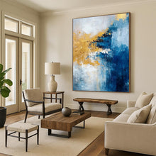 Load image into Gallery viewer, “Blue - Gold Symphony” – Blue, White &amp; Gold Abstract Acrylic with Flowing Textures DTP062
