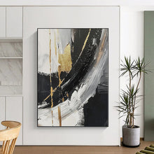 Load image into Gallery viewer, Hand - painted Oversized Black - White - Gold Abstract Strokes Acrylic Art for Luxurious Living Rooms LargeART0085

