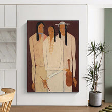 Load image into Gallery viewer, “Three Figures in Neutral Attire” – Stylized Figurative Painting with Cultural Undertones DTP141
