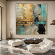 Load image into Gallery viewer, Teal, Gold &amp; Gray Abstract Canvas Painting, Great for Contemporary Living Room &amp; Chic Hotel Suite LargeART1281
