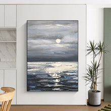 Load image into Gallery viewer, “Moonlit Sea Landscape” - Blue, Grey, White Landscape Art on Canvas DKH1293

