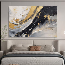 Load image into Gallery viewer, Hand - painted Black, White, and Gold Fluid Strokes Acrylic Art for Stylish Bathroom Decor LargeART1710
