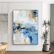 Load image into Gallery viewer, Blue, White, and Gold Abstract Acrylic Art - Suited for Modernist Penthouse &amp; Elegant Dining Room LargeART0643
