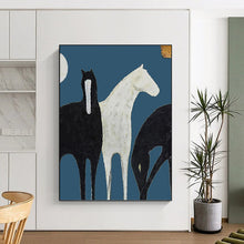 Load image into Gallery viewer, “Stylized Black &amp; White Horses” - Minimalist Equine Art on Canvas DKH1440
