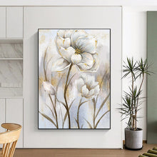 Load image into Gallery viewer, Elegant White &amp; Gold Floral Abstract Painting, Ideal for Glamorous Entryway &amp; Sophisticated Dining Room LargeART1906
