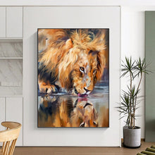 Load image into Gallery viewer, “Lion Drinking at Water” - Realistic Wildlife Art on Canvas DKH1647

