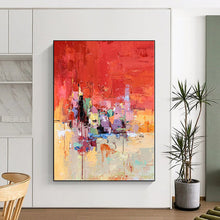 Load image into Gallery viewer, Enormous Vivid Red Abstract Cityscape Acrylic for Energetic Game Room LargeART0291
