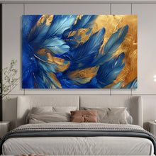 Load image into Gallery viewer, Hand - painted Blue Feathers with Gold Highlights Acrylic Art for Chic Living Room Walls LargeART1708
