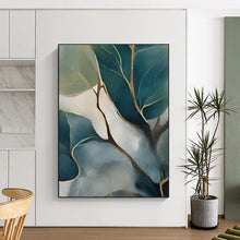 Load image into Gallery viewer, Nature - Inspired Abstract Painting, Teal &amp; Gold Foliage Art for Calming Bedroom &amp; Minimalist Living Room LargeART2253
