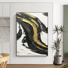Load image into Gallery viewer, “Gold - Kissed Swirls” – Black, white, and gold impasto, flowing curves DTP379
