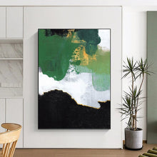 Load image into Gallery viewer, “Green, Gold, and Black Abstract” - Green, Gold, Black, White Abstract Art on Canvas DKH1222
