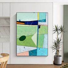 Load image into Gallery viewer, “Colorful Landscape Reimagined” - Green, Blue, Pink, Orange Geometric Landscape Art on Canvas DKH1104
