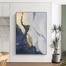Load image into Gallery viewer, “Blue, Grey &amp; Gold Abstract” - Luxe Abstract Art on Canvas DKH1514
