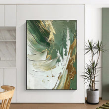 Load image into Gallery viewer, Hand - painted Extensive Green - Gold - White Abstract Textures Acrylic Art for Elegant Dining Rooms LargeART0088
