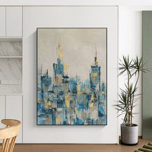 Load image into Gallery viewer, Blue &amp; Gold Abstract Cityscape Painting, Perfect for Modern Living Room &amp; Stylish Home Office LargeART2080
