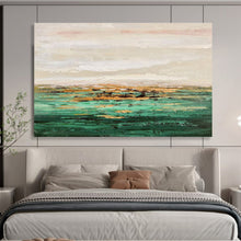 Load image into Gallery viewer, Green - Hued Coastal Abstract Painting on Canvas - “Golden Shores” DKH648
