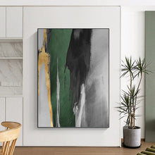 Load image into Gallery viewer, “Gold Accent Green and Grey” - Green, Grey, Gold Abstract Art on Canvas DKH1198
