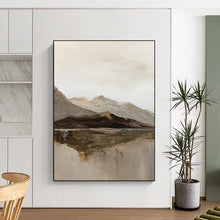 Load image into Gallery viewer, “Mountain Mirror” – Muted grays, browns, beiges with thick brushstrokes of mountains and reflection DTP358
