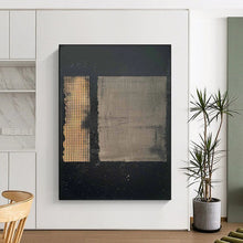 Load image into Gallery viewer, “Dual Textures” ，Black background with two textured rectangles, one grid - patterned gold, one smooth gray. DTP307
