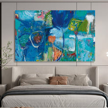 Load image into Gallery viewer, “Blue - Dominant Abstract Floral” - Abstract Acrylic of Imaginative Flowers, Fits Yoga Studio and Living Room DLZ245
