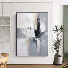 Load image into Gallery viewer, “Gray and Gold Geometric Abstract” – Clean Abstract with Angular Shapes and Metallic Tones DTP138
