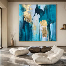 Load image into Gallery viewer, Teal &amp; Gold Drip Abstract Acrylic Art, Nice for Entryway &amp; Gallery Wall LargeART1007
