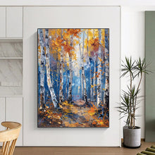 Load image into Gallery viewer, “Autumn Birch Forest” - Golden, Blue, and White Landscape Art on Canvas DKH1406
