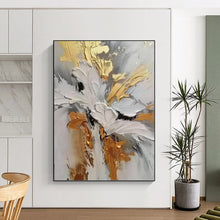 Load image into Gallery viewer, “Gilded Floral Impasto” - Gold, Grey, and White Flower Art on Canvas DKH1386
