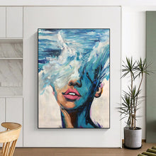Load image into Gallery viewer, “Wave - Masked Figure” – Blue, white, and pink, with waves merging with a human face. DTP347
