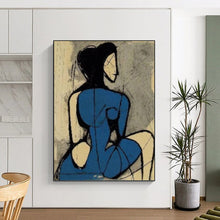 Load image into Gallery viewer, “Abstract Blue Figure” - Blue, Black, and Beige Figurative Art on Canvas DKH1417
