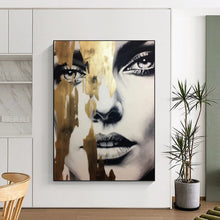 Load image into Gallery viewer, Black - and - White Abstract Portrait, Gold - Drip Accent Art for Luxury Bedroom &amp; Sophisticated Lounge LargeART2192
