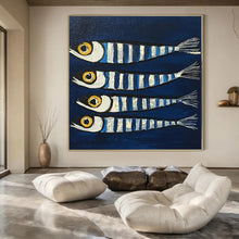 Load image into Gallery viewer, Striped Fish on Blue Abstract Canvas Painting, Perfect for Nautical Nursery &amp; Coastal Café LargeART1189
