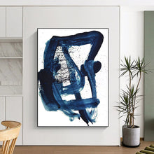 Load image into Gallery viewer, “Indigo Whirl” - Deep blue, dynamic brushstrokes with black splatters DTP161
