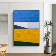 Load image into Gallery viewer, “Color - Blocked Serenity” - Blue, White, Yellow, Green Geometric Abstract Art on Canvas DKH1096
