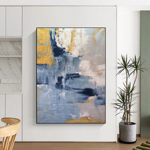 Load image into Gallery viewer, Blue, Gray, and Gold Abstract Fusion – Expressive Acrylic with Metallic Accents DTP253
