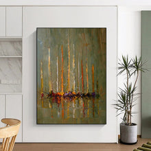Load image into Gallery viewer, “Sailboats in Abstract Reflection” – Abstract sailboats with tall, colorful masts, reflected in water, muted green background. DTP330
