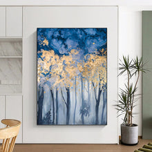 Load image into Gallery viewer, “Golden Canopy in Blue” Abstract Forest Painting on Canvas, Enchanted Woodland Art DKH936
