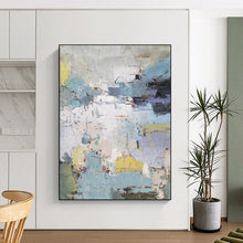 Load image into Gallery viewer, “City in Hues” – Muted blues, whites, grays with pops of yellow and red, abstract shapes DTP352

