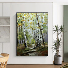 Load image into Gallery viewer, Green &amp; Yellow Birch Forest Abstract Painting, Ideal for Nature - Lover’s Living Room &amp; Cozy Reading Nook LargeART2093

