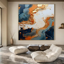Load image into Gallery viewer, Blue and Gold Fluid Abstract Canvas Painting, Suited for Luxury Bedroom &amp; Elegant Dining Room LargeART1216
