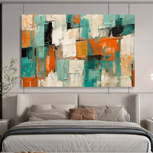Load image into Gallery viewer, Hand - painted Teal, Orange, and White Textured Squares Acrylic Art for Artistic Studio Workspaces LargeART1721
