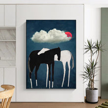 Load image into Gallery viewer, “Horses Under Red Moon” - Black, White, and Red Nature Art on Canvas DKH1418

